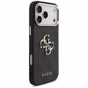 Guess PU Leather 4G Metal Logo Gold Frame dėklas Apple iPhone 18 Pro Max, juodas