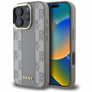 DKNY languoto rašto magnetinis MagSafe dėklas iPhone 16 Pro Max - smėlinis