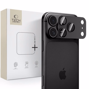 Juoda aliuminio ir grūdinto stiklo kameros modulio apsauga „Tech-Protect CamFull Fit+“, skirta „Apple iPhone 18 Pro Max“
