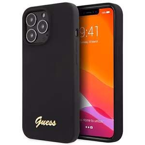 Dėklas Guess GUHCP13XLSLMGBK iPhone 13 Pro Max 6.7" juoda/juoda kietas dėklas Silikoninis Užrašas Auksinis Logotipas