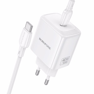 Borofone BN33 Fuente GaN USB-C tinklo įkroviklis QC3.0 PD 40W su USB-C laidu baltas