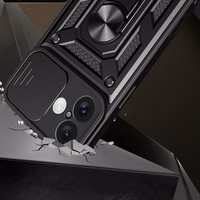 Hybrid Armor Camshield šarvuotas dėklas telefonui iPhone 16 Plus su kameros dangteliu ir stovu - juodas