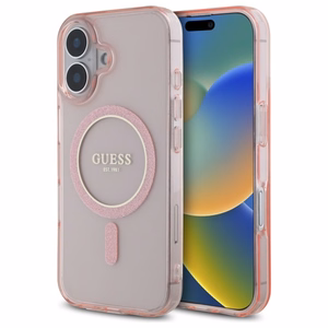 Guess GUHMP16SHFGEREP iPhone 16 6.1" rožinis/rožinis kietas dėklas IML Glitter Circle Magnetinis