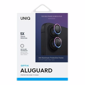 Uniq Optix aliuminio kameros lęšio apsauga su aplikatoriumi iPhone 16 / iPhone 16 Plus - vaivorykštinė