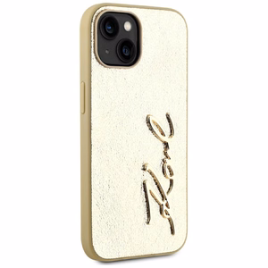 Karl Lagerfeld Wrinkled Metal Signature dėklas telefonui iPhone 15 - auksinė