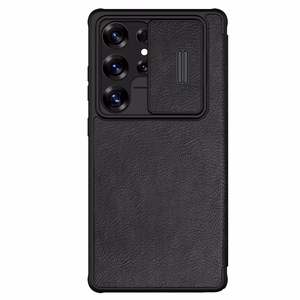 Nillkin Qin Pro dėklas telefonui Samsung Galaxy S25 Ultra su atvartu ir kameros dangteliu - Juodas