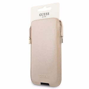 Guess Saffiano Pouch telefono rankinė, S / M dydžio, telefonams iki 6.1", aukso spalvos