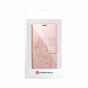 MEZZO knygos tipo dėklas telefonui IPHONE 12 / 12 Pro su medžio raštu, rožinio aukso spalvos