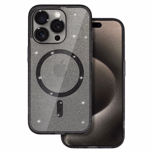 Blizgus magnetinis dėklas telefonui Iphone 15 Pro juodas skaidrus