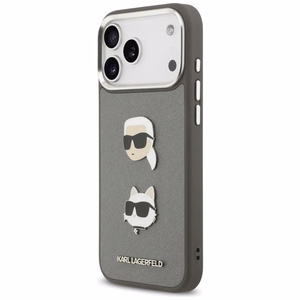 Karl Lagerfeld FW Grūdėtas Karl & Choupette Heads Pins & Logo dėklas telefonui iPhone 17 Pro Max - pilkas