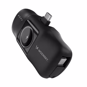 Wozinsky WF16-YCS 5000mAh 15W USB-C mini išorinė baterija su įmontuotu USB-C kabeliu ir Apple Watch įkrovikliu - juoda