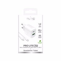 Puro PROLITE 20W sieninis įkroviklis USB-A / USB-C + USB-C - USB-C kabelis 1.2m - baltas