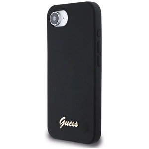 Guess Silicone Script Metal Logo MagSafe dėklas telefonui iPhone 16e - juoda