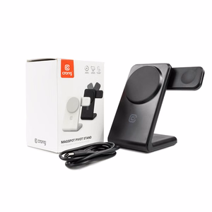 Crong MagSpot Pivot Stand 3 viename belaidis įkroviklis, skirtas iPhone, Apple Watch ir AirPods, suderinamas su MagSafe, juodas