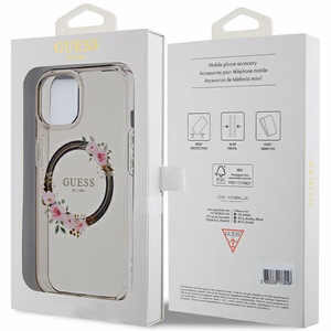 Guess IML Flowers Wreath MagSafe dėklas telefonui iPhone 15 / 14 / 13 - juodas