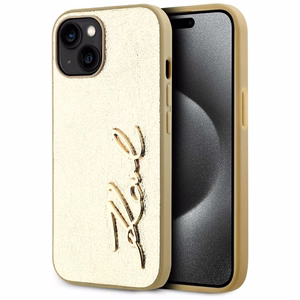 Karl Lagerfeld Wrinkled Metal Signature dėklas telefonui iPhone 15 - auksinė
