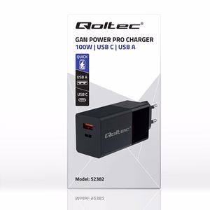 Qoltec 52382 GaN POWER PRO įkroviklis | 1xUSB type C | 1xUSB A | 100W | 5-20V | 1.5-5A | PD | juodas