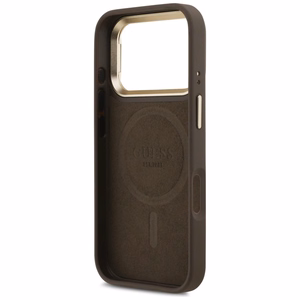 Guess 4G PU trikampio logotipo ir stovo kameros magnetinis dėklas telefonui iPhone 17 Pro - rudas