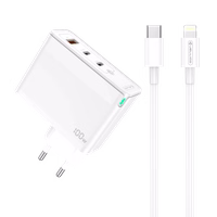 JELLICO tinklinis įkroviklis C118 GaN PD 100W 2xUSB-C + 1xUSB QC3.0 + laidas USB-C - Lightning Baltas