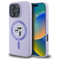 Dėklas telefonui Karl Lagerfeld Silikoninis Karl&Choupette Heads Ring MagSafe iPhone 16 Pro - violetinis
