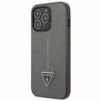 Guess GUHCP14XPSATLG iPhone 14 Pro Max 6.7" sidabrinis kietasis dėklas Saffiano Triangle Logo