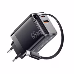 Įkroviklis Essager "Scope" juodas 65W (1xPD / 1xQC3.0) + integruotas Type-C laidas