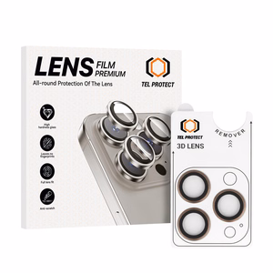 Grūdintas stiklas Tel Protect 3D objektyvo apsaugai ant kameros iPhone 15 Pro/15 Pro Max titano spalva (lęšiai 3 vnt.)