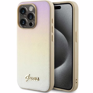 Guess Saffiano Iridescent Script dėklas telefonui iPhone 14 Pro Max - auksinis