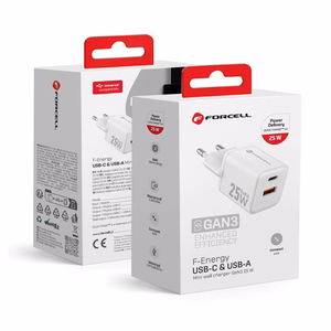 FORCELL F-ENERGY Mini GaN III VT-25B kelioninis įkroviklis su 1 x Type C + 1x USB A lizdais, PD QC4.0 25W baltas