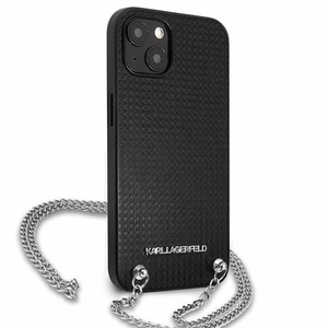 Karl Lagerfeld KLHCP13SPMK iPhone 13 mini 5,4 "juodas kietas dėklas Odinis tekstūruotas ir grandinė
