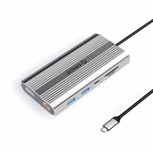 Orico XDR 12 viename USB-C prijungimo stotelė USB-A USB-C 2x HDMI 4K 60Hz DisplayPort 4K 60Hz RJ45 Gigabit PD 100W SD ir microSD kortelių skaitytuvas - sidabrinė