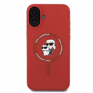 Karl Lagerfeld silikoninis Magnetinis dėklas telefonui iPhone 16 Plus su Karl & Choupette galvų žiedu - raudona