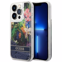 Guess Flower Liquid Glitter dėklas telefonui iPhone 14 Pro Max - mėlynas