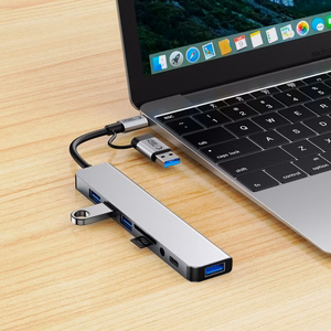 "Tech-Protect" HB06 HUB adapteris 8in1 TYPE-C + USB2.0 + USB3.0 + SD/TF + AV3.5 - pilkos spalvos