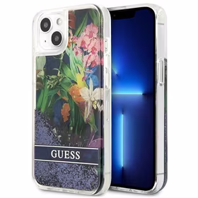 Guess GUHCP13SLFLSB iPhone 13 mini 5.4" mėlynas kietas dėklas gėlių skystas blizgučiai