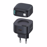 USAMS Tinklo įkroviklis 1xUSB-C su suvyniojamuoju USB-C laidu PD+QC 35W Gan Fast Charging juodas XMF Series CC202TC01 (US-CC202)