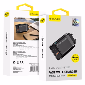 Blavec sieninis įkroviklis BC-5 GaN - USB + Type C - PD QC 45W 3A (TCBC5G-UCB453A) juodas