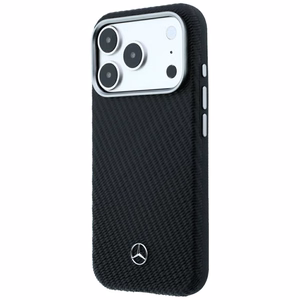 Mercedes dalinio apgaubimo odinis MagSafe dėklas su medžio efektu, skirtas iPhone 17 Pro / 18 Pro, juodas
