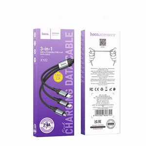 USB kabelis Hoco (X102) 3in1 lightning+microUSB+USB-C juodas 1m