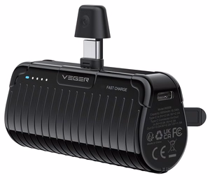 VEGER išorinė baterija 5000 mAh su įmontuotu jungtimi Type C PlugOn PD QC3.0 3A 20W W0558 juoda