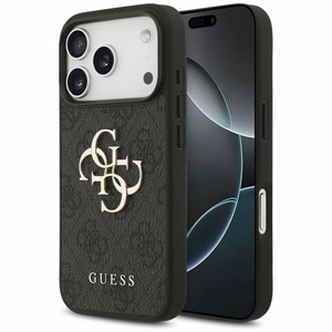 Guess PU 4G Metal Logo dėklas Apple iPhone 18 Pro, pilkas