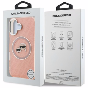 Karl Lagerfeld IML Glitter Karl & Choupette Heads Logo MagSafe dėklas iPhone 16 - rožinis