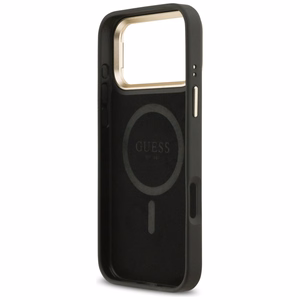 Guess 4G PU trikampio logotipo ir stovo magnetinis dėklas telefonui iPhone 17 Pro Max - juodas