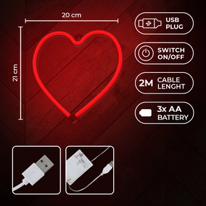 Neon LED Light HEART raudonas Bat + USB FLNE07 Forever Light