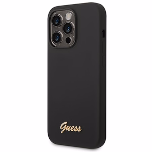Guess Silikoninis Vintage Gold Logo iPhone 14 Pro dėklas - juodas