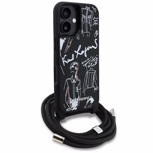 Karl Lagerfeld per petį nešiojamas grūdėto rašto ir logotipo dėklas telefonui iPhone 16 - juodas