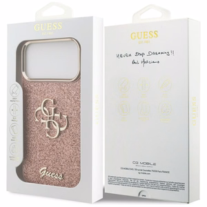Guess Fiksuotas Blizgus Didelis 4G Metalinis rėmas dėklas telefonui iPhone 17 Pro Max - rožinis