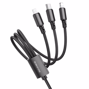 Juodas „Borofone BX72“ 3 viename USB–USB-C / Micro-USB / Lightning laidas, 2 A, 1 m