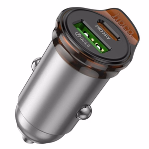 Automobilinis įkroviklis Hoco USB A + USB C QC3.0 PD 43W + kabelis USB C į USB C NZ16A metalinis pilkas