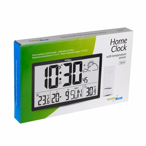 Ypač didelis LCD sieninis laikrodis „GreenBlue GB218“ su orų stotele, temperatūros ir datos rodymu